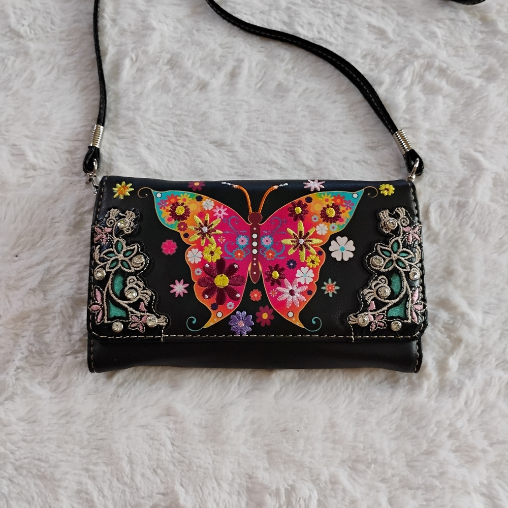 Butterfly Embroidered Rhinestone Purse Wallet